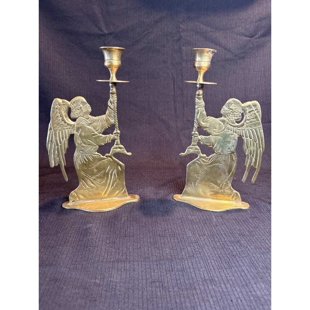 Vtg Pair Solid Brass Angel Taper Candle Stick Holders  Double Sided 9" High